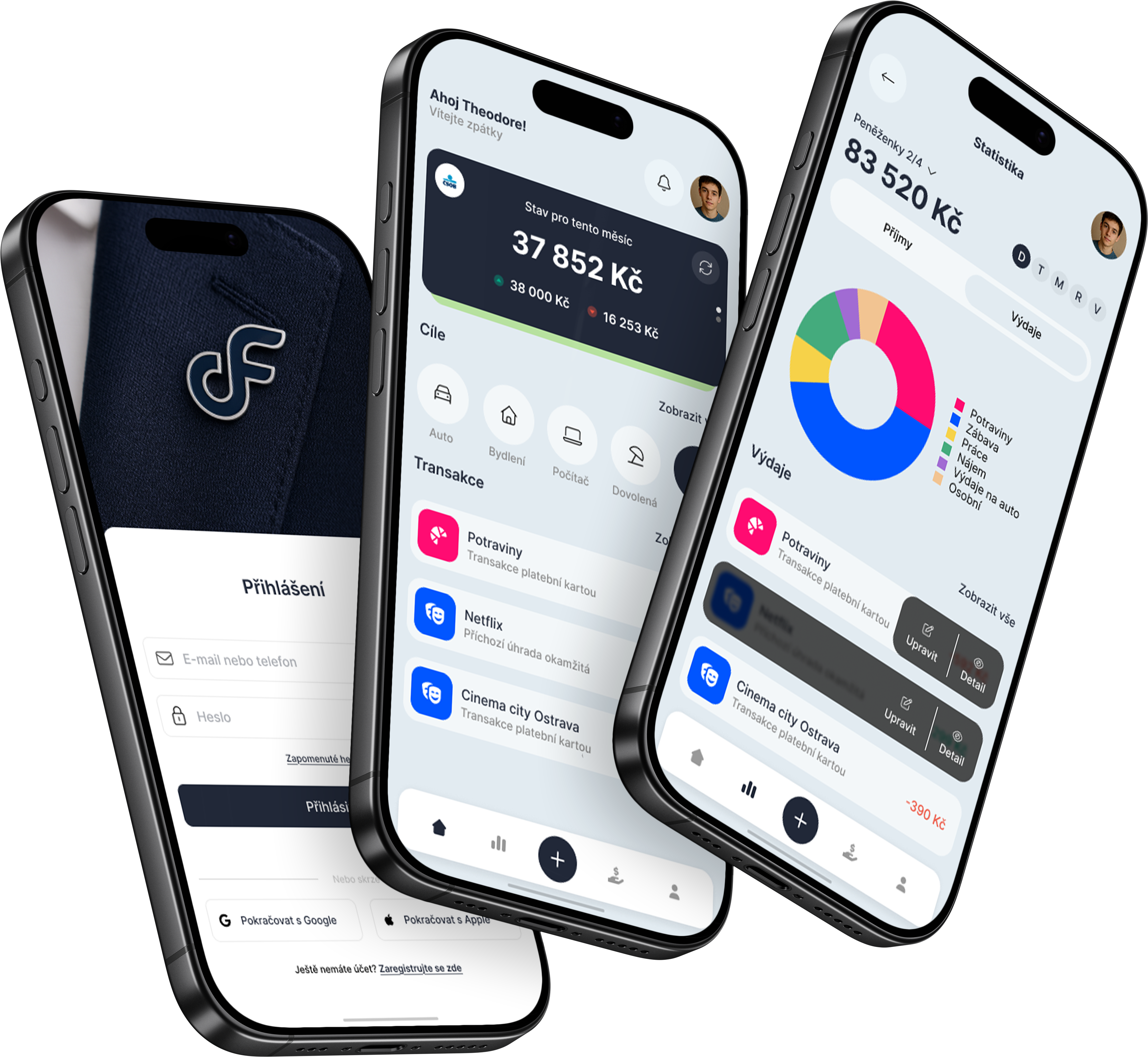 Flowka mobilní aplikace - náhled na 3 telefonech zobrazující finanční vzdělávání, správu rozpočtu a gamifikované úspory