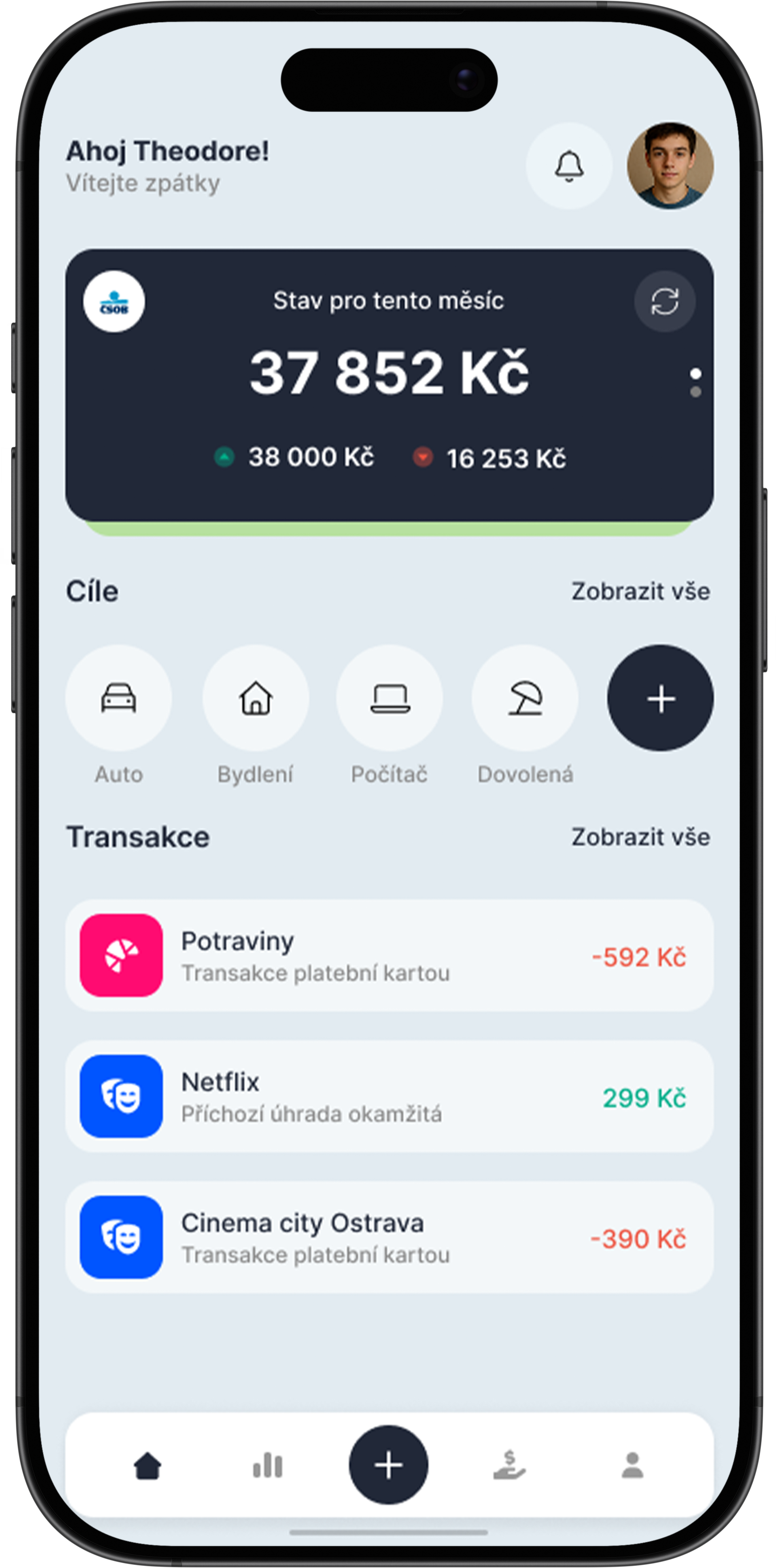 Flowka - domovská obrazovka s přehledem účtu, aktuálním zůstatkem a rychlým přístupem k funkcím